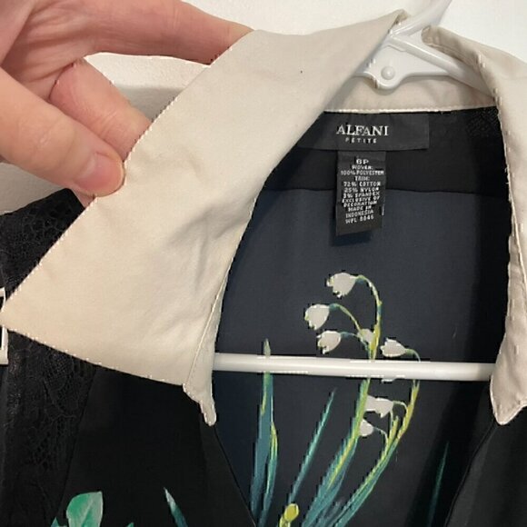 ALFANI PETITE Black Green Floral White? Collar Lace Sleeveless Button Blouse Top - Picture 6 of 16